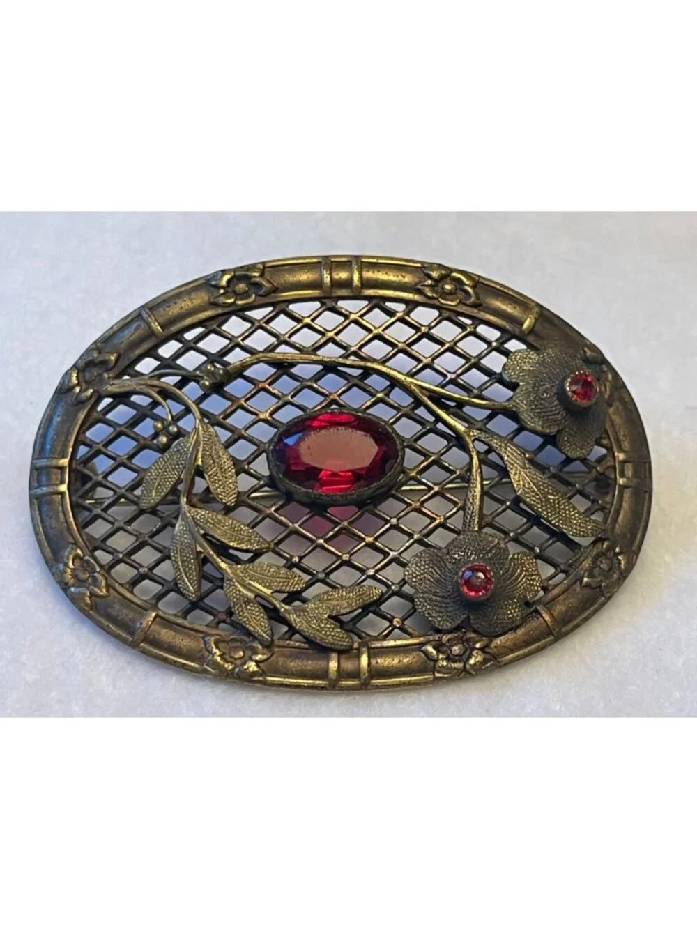 Antique Art Nouveau Brass Sash Brooch With Floral & Leaf Motif Ruby Red Glass St